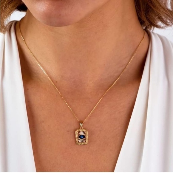 GOLD 14k Gold Plated Evil Eye Bar Pendant Chain Necklace - Picture 2 of 3